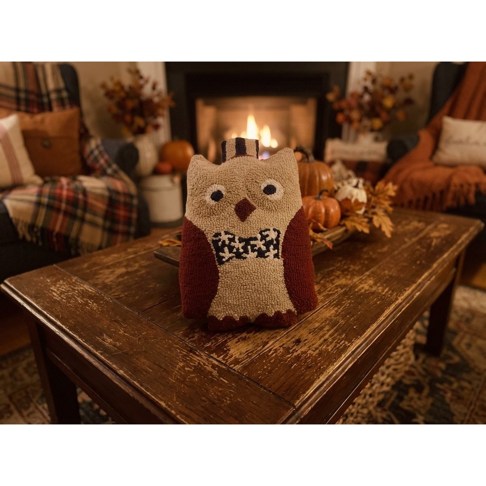 VNT Adorable Hooked Owl Pillow Rustic Farmhouse‎ Fall Decor Accent Handmade